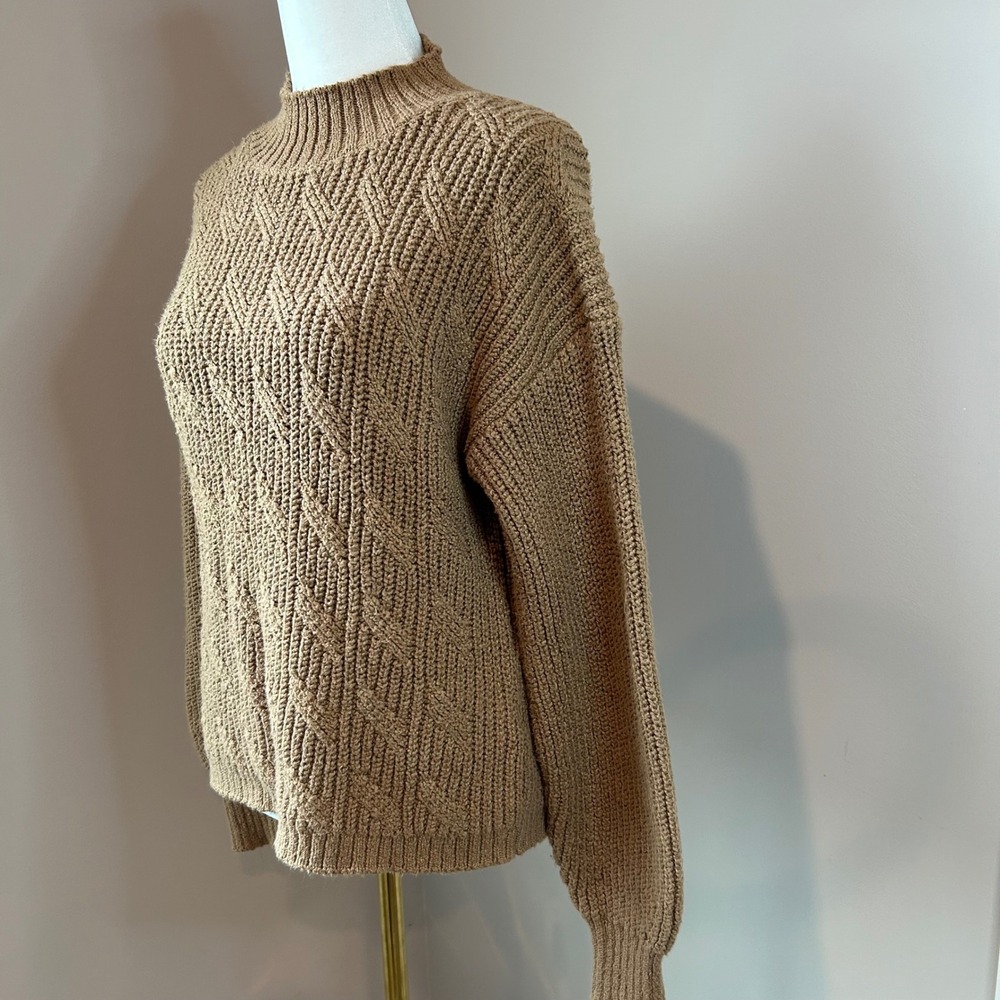 J.Crew Womens Mock Neck Diagonal Cable Knit Sweater Camel Tan Brown Small - Picture 3 of 7